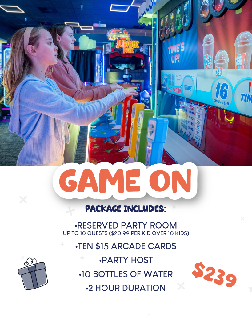 Game On Party Package - •RESERVED PARTY ROOM UP TO 10 GUESTS ($20.99 PER KID OVER 10 KIDS) •TEN $15 ARCADE CARDS •PARTY HOST •10 BOTTLES OF WATER •2 HOUR DURATION $239