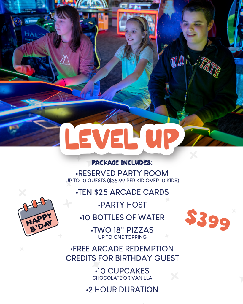 Level Up Party Package - PACKAGE INCLUDES: •RESERVED PARTY ROOM UP TO 10 GUESTS ($35.99 PER KID OVER 10 KIDS) •TEN $25 ARCADE CARDS •PARTY HOST •10 BOTTLES OF WATER •TWO 18" PIZZAS UP TO ONE TOPPING •FREE ARCADE REDEMPTION CREDITS FOR BIRTHDAY GUEST •10 CUPCAKES CHOCOLATE OR VANILLA •2 HOUR DURATION $399